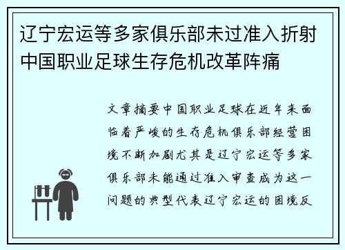 辽宁宏运等多家俱乐部未过准入折射中国职业足球生存危机改革阵痛 辽宁宏运等多家俱乐部未过准入折射中国职业足球生存危机改革阵痛