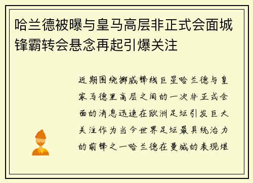 哈兰德被曝与皇马高层非正式会面城锋霸转会悬念再起引爆关注